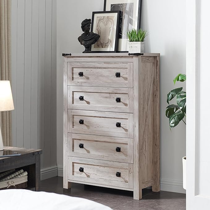 T4TREAM Farmhouse 5 Drawers Dresser Chests for Bedroom, Wood Rustic Tall Chset of Drawers,Dressers Organizer for Bedroom, Living Room,Hallway, Antique Brush White