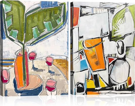 Framed 2pcs Abstract White Green Wall Art Geometric Print Colorful Dining Room Canvas Painting Modern Mexican Style Picture Living Room Kitchen Dining Room Cafe Decor Ready to Hang 16X24inch