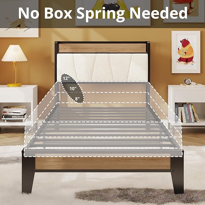 LIKIMIO Twin XL Bed Frames, Storage Headboard with Charging Station, Solid and Stable, Noise Free, No Box Spring Needed, Easy Assembly, Wood and Cream