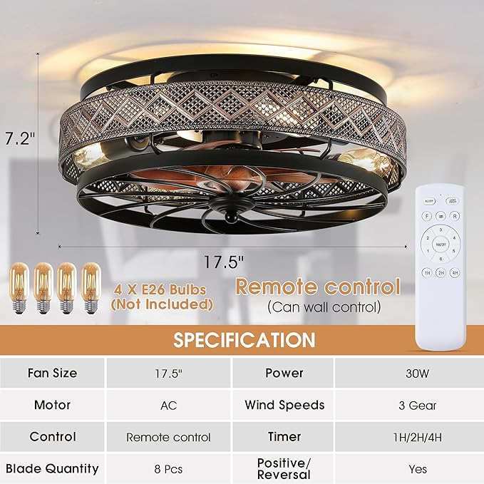 SHIHOT 18" Low Profile Caged Ceiling Fans with Lights and Remote, Flush Mount Ceiling Fan with Light, Bedroom Fan, Small Industrial Black Ceiling Light Fixture, Reversible(Bulbs Not Included)