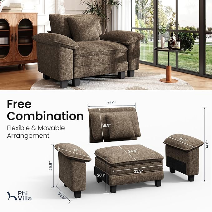 PHI VILLA Oversized Single Sofa with Deep Seat, Armchair for Small Spaces Bedroom Reading Modern, 1 Seater Comfy Reading Accent Chair, Chenille Fabric, Taupe