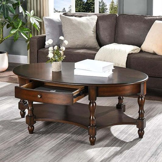 MODERION Coffee Table with Drawer, Solid Wood Oval Center Table with Storage Shelf, Traditional Living Room Table with Elegant Vintage Style, Easy Assembly, 45” x 27.6” x 18.2” Retro Walnut KFZ2233DC