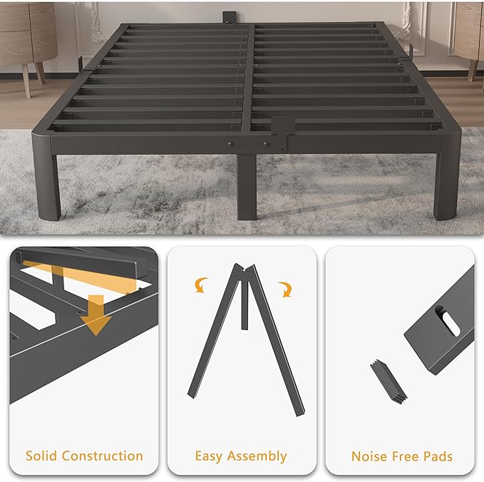 10 Inch Full Bed Frames, Platform Bed with Metal Gaskets, No Box Spring Needed, Anti-Slip Mattress Stopper, Heavy Duty Steel Slat Support, Round Corner Leg, Easy Assembly, Black