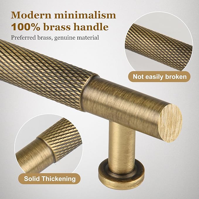 -3 Inch (76mm) Brass Knurled Kitchen Cabinet Handles, 5 Pack Antique Brass Vanity Dresser Drawer Puls, Modern Bathroom Cabinet Furniture Handles Wardrobe Furniture Door Hardware