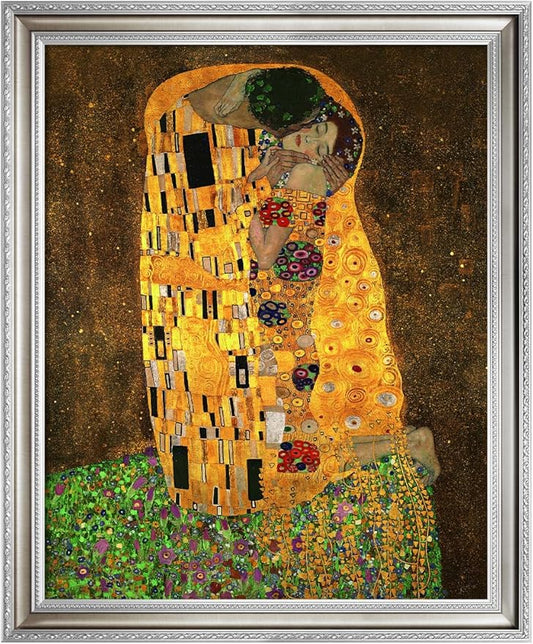 DECORARTS - Gustav Klimt The Kiss Framed Wall Art, Archival Giclee Print on Canvas, Silver Solid Wood Frame, Timeless European Style Perfect for Bedroom Wall Decor, Made in USA