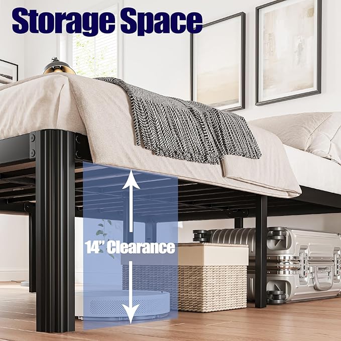 Hunlostten 16" High Queen Bed Frame No Box Spring Needed, Heavy Duty Metal Platform Bed Frame Queen Size with Round Corners, Easy Assembly, Noise Free, Black