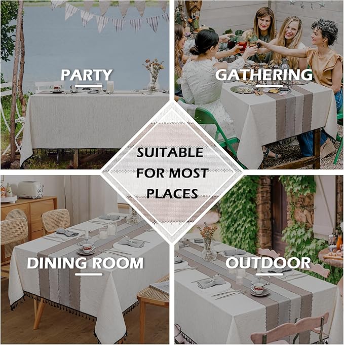 MYSKY HOME Table Cloth 60x102 in Rectangle, Heavy Duty Lines Linen Look Waterproof Tablecloths Farmhouse Tablecloth, Wrinkle Free Table Cover with Coffee Lines for Kitchen Dining, Party