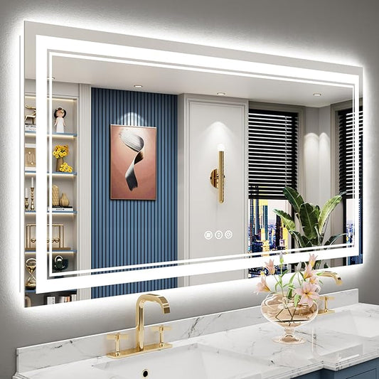 60x28 LED Bathroom Mirror with Lights, Backlit + Front Lit, Anti-Fog Lighted Vanity Mirror for Bathroom Wall with 3 Colors, Dimmable, Memory, Shatter-Proof, HD Tempered Glass, ETL Listed