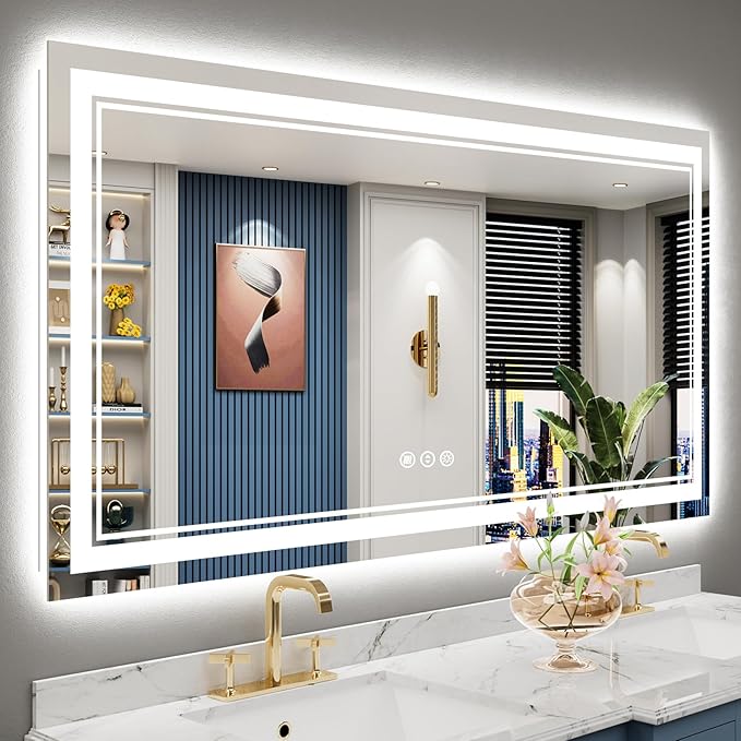 60x30 LED Bathroom Mirror with Lights, Backlit and Front Lit Anti-Fog Lighted Vanity Mirror for Bathroom Wall, 3 Colors, Stepless Dimmable, Memory, Shatter-Proof, HD Tempered Glass, ETL Listed