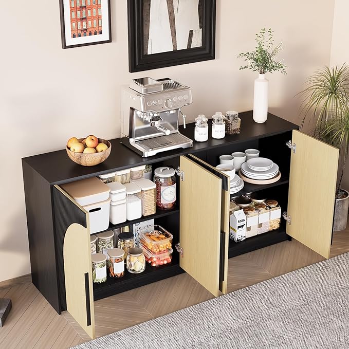 65 Inch Fluted Buffet Cabinet with Storage Symmetrical Arc Accent Sideboard Large Console Table for Dining Room Kitchen and Living Room (Camel)