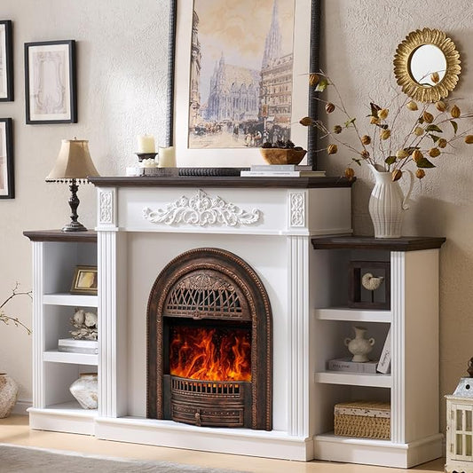 78" Electric Fireplace with Mantel, Fireplace Heater Entertainment Center with Storage,TV Stand with 30'' Fireplace for TVs Up to 90 Inch,Fireplace Insert for Living Room, Bedroom-Bronze Heater