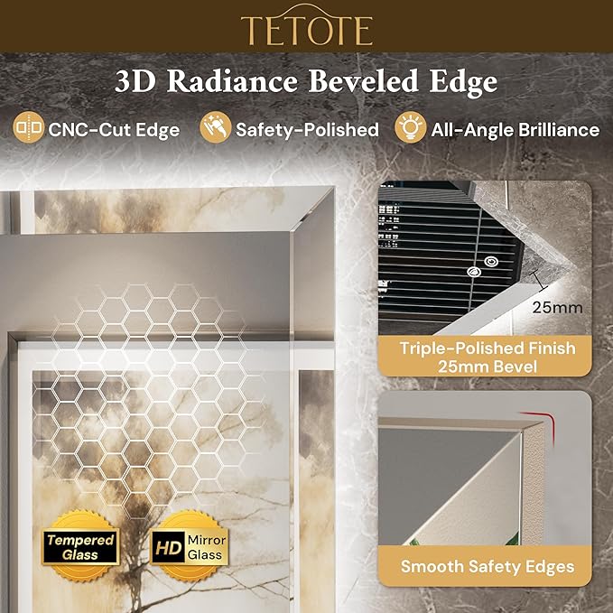 TETOTE 42 x 36 LED Mirror Backlit, Beveled Bathroom Mirror with Backlight, Tempered Glass, 3 Colors Lights, Defogger, Adjustable Brightness, Memory Function, Lighted Mirrors for Bathroom Wall