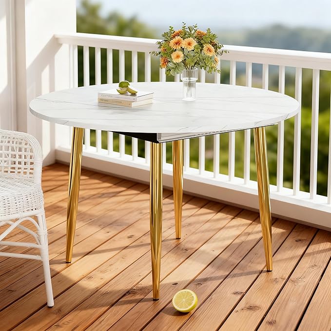 42"-54" Round Extendable Dining Room Table for 4–6, White Faux Marble & Wood Grain Top with Gold Metal Legs, Modern Luxury Oval Dining Room Table, Space-Saving Kitchen Table, Easy Assembly