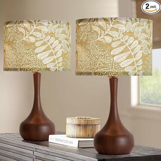 Bedside Nightstand Table Lamp Set of 2 for Bedroom, Vintage Boho Farmhouse Decorative Table Lamp for Living Room with Green Fabric Shade Red Wood Pattern, Desk Lamp for Home Office
