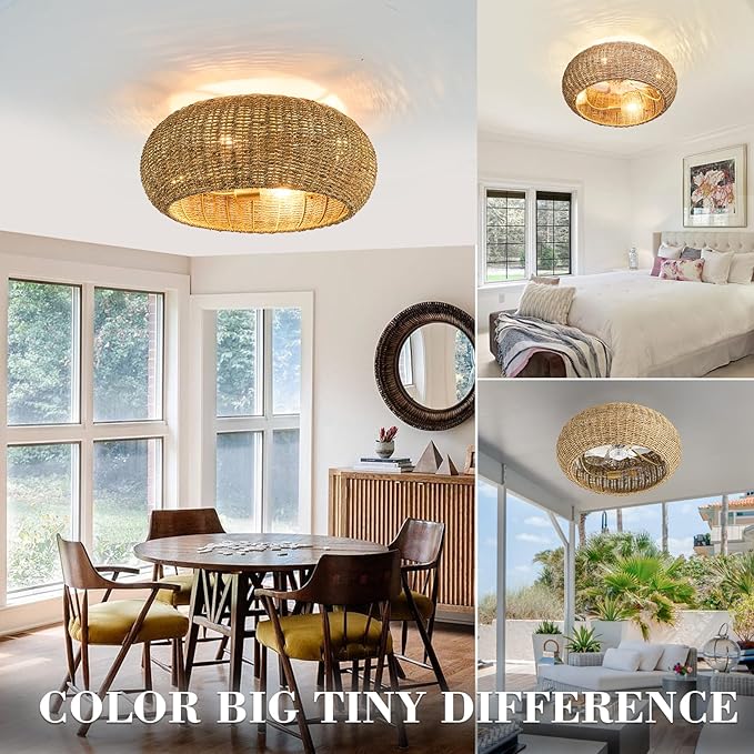 Rattan Ceiling Fan with Lights 19.7IN Boho Caged Fandelier with Light and Remote Farmhouse Flush Mount Fan Chandelier Fixtures for Dining Room Bedroom Nursery Entry Living Room Kitchen