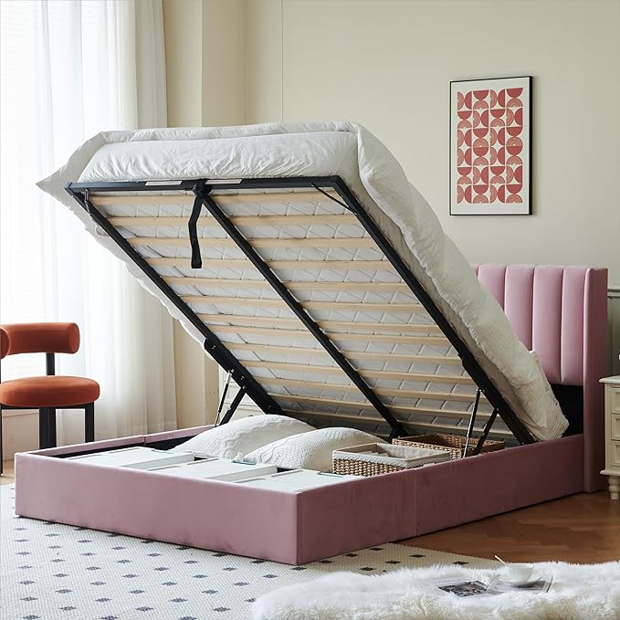 YUHUASHI Queen Size Hydraulic Storage Bed, Upholstered Platform Bed Frame, Modern Wingback Design Headboard, Velvet Fabric with Hydraulic Support Bars, No Box Spring Required (Pink, Queen)