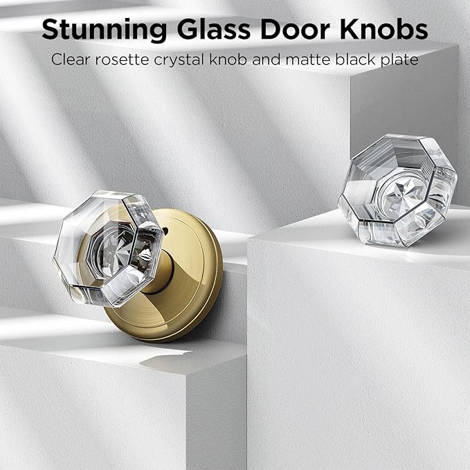 1 Pack Crystal Door Knob, Octagon Shaped Glass Door Knobs Interior with Lock, Satin Brass Door Knobs Interior Glass