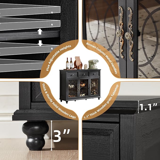 Farmhouse Sideboard Buffet Cabinet Set of 2 with Storage,48" Large Credenza with 3 Glass Doors & 3 Drawers,Adjustable Shelves Console Table,Wood Kitchen Coffee Bar for Dining Room,Black