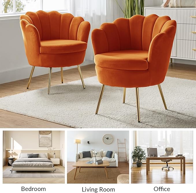 HULALA HOME Modern Velvet Accent Chair with Shell Shaped Back, Cute Living Room Bedroom Armchair with Gold Legs, Comfy Upholstered Vanity Chair for Makeup Room, Orange