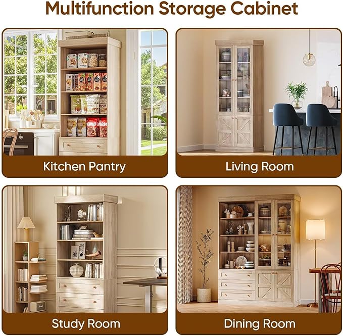 Vyre 71" Tall Farmhouse Bookshelves with Glass Doors, Set of 2 – Large Modular Bookcase with Adjustable Shelves, Storage Cabinet for Living Room, Kitchen, Home Office, Brown