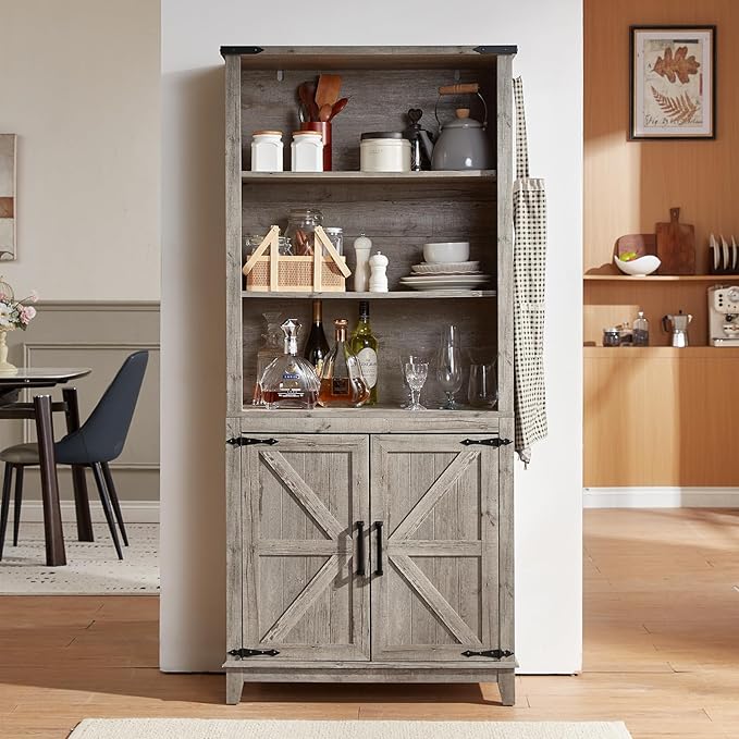 5 Tier Bookshelf 70in Tall Bookcase with Barn Doors and Storage Cabinet, Grey Farmhouse Book Shelf with Adjustable Shelves, Wood Freestanding Display Bookshelves for Bedroom, Kitchen (3 PCS)