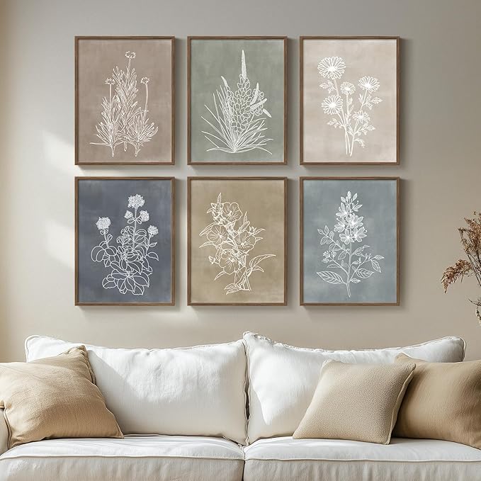 Framed Boho Botanical Wall Art for Living Room, Set of 6 Rustic Floral Canvas Painting Prints, Vintage Minimalist Neutral Flower Artwork for Modern Farmhouse Bedroom Kitchen Hallway Wall Decor, 11x14