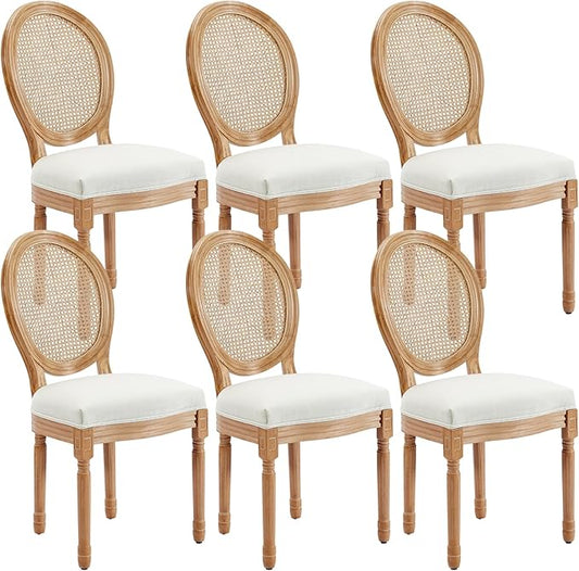 Virabit French Dining Chairs Set of 6, Rattan Farmhouse Upholstered Dining Chairs with Curved Backrest and Beautifully Carved Solid WoodFrame for Living Room, Kitchen, Restaurant