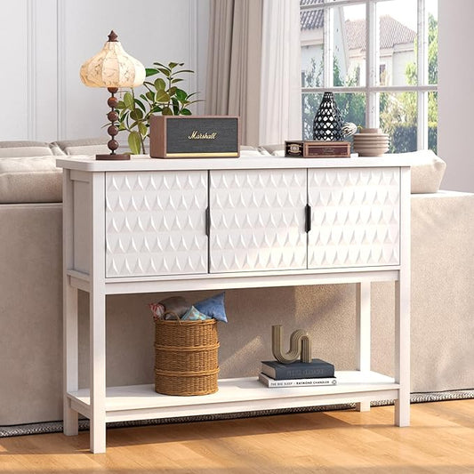 Modern Console Table with 3 Diamond Pattern Doors, Wood Entryway Table with Storage, Behind The Couch Sofa Table for Hallway, Living Room, Foyer, Dining Room, White