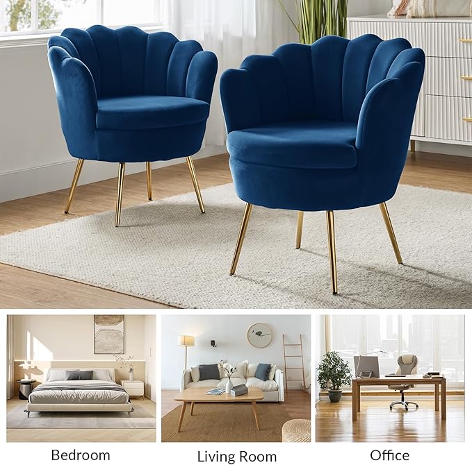 HULALA HOME Modern Velvet Accent Chair with Shell Shaped Back, Cute Living Room Bedroom Armchair with Gold Legs, Comfy Upholstered Vanity Chair for Makeup Room, Navy