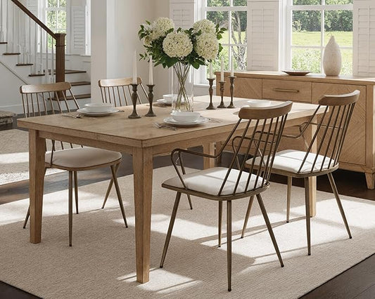 HNY Mid Century Modern Dining Chairs Set of 4, Beige Linen Upholstered Dining Room Chairs with Arms & Metal Legs Farmhouse Spindle Back Kitchen Chairs, Industrial Accent Side Armchairs for Living Room