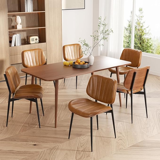 Dining Chairs Set of 8, Mid Century Modern Dining Room Chair, Upholstered Faux Leather Kitchen Chairs with Walnut Bentwood Back and Metal Legs for Kitchen Dining Room Living Room, Brown