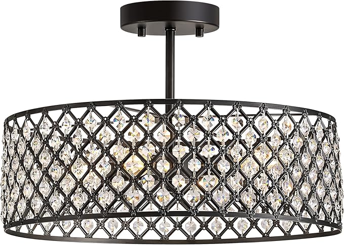 Black Crystal Ceiling Light Fixture,Modern Semi Flush Mount Ceiling Lighting Fixture,Round Small Chandelier for Dining Room, Hallway, Entryway, Kitchen, Bedroom,Foyer,4 Light,15.7 inch