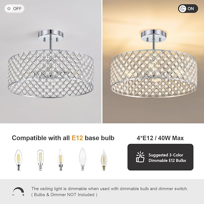 Chrome Crystal Ceiling Light Fixture,Modern Semi Flush Mount Ceiling Lighting Fixture,Round Small Chandelier for Dining Room, Hallway, Entryway, Kitchen, Bedroom,Foyer,4 Light,15.7 inch