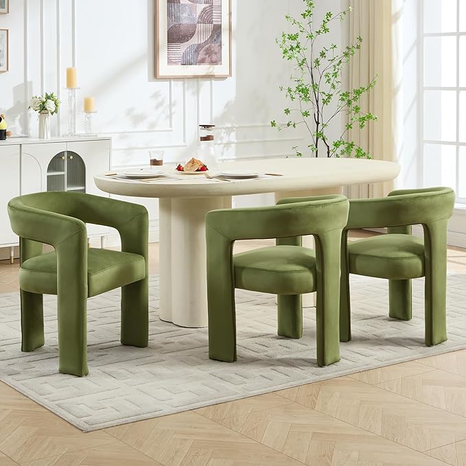 Modern Barrel Dining Chairs Set of 6, No Assembly Velvet Upholstered Dining Room Chairs with Open Back and 3 Legs, Comfy Accent Armchairs for Living Room/Bedroom/Kitchen/Reading, Green
