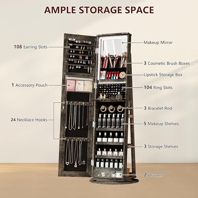 LVSOMT LED Mirror Jewelry Cabinet Standing, 360° Swivel Jewelry Organizers and Storage, Farmhouse Mirror with Jewelry Storage, Lighted Jewelry Armoire with Full Length Mirror (Vintage Bronze)