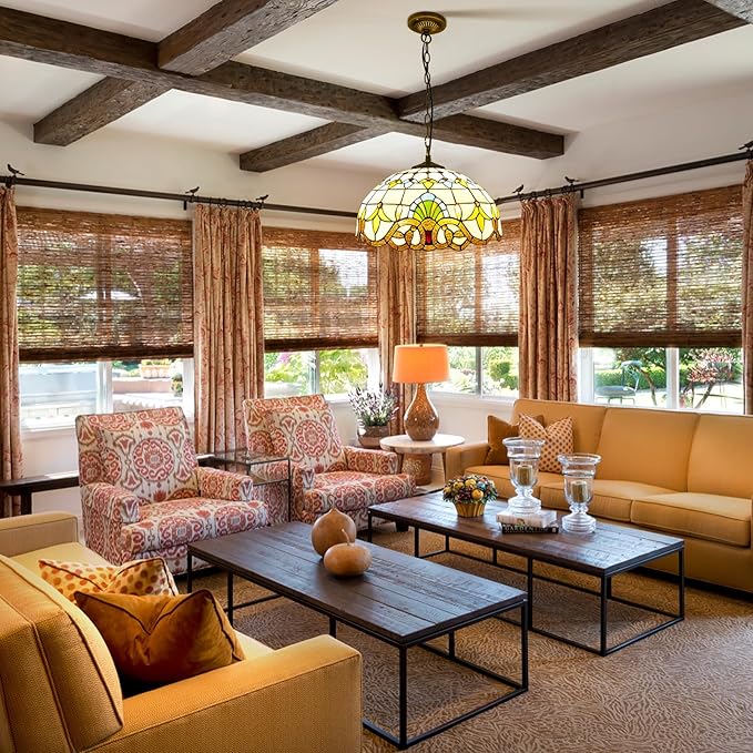 Tiffany Pendant Light Stained Glass Chandelier Victorian Hanging Lighting Fixture for Dining Living Room Kitchen Island Study Hallway,15 inch