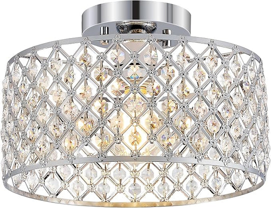 Chrome Crystal Ceiling Light Fixture,Modern Semi Flush Mount Ceiling Lighting Fixture,Round Small Chandelier for Dining Room, Hallway, Entryway, Kitchen, Bedroom,Foyer,1 Light,11.2 inch