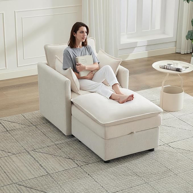 30" Cloud Modular Single Sofa Chair with Storage Ottoman, Modern Upholstered Accent Chair with Storage, Chenille Reading Lounge Armchair for Living Room, Bedroom, Small Space, Beige