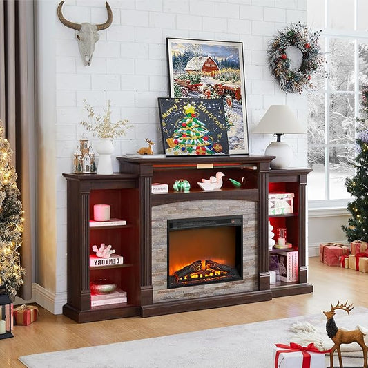 Fireplace TV Stand for 80'' TV, 70" Electric Fireplace with Mantel, Farmhouse 39" Tall Entertainment Center, Media Console with Remote Control, Fire Place TV Stands for Living Room, Brown