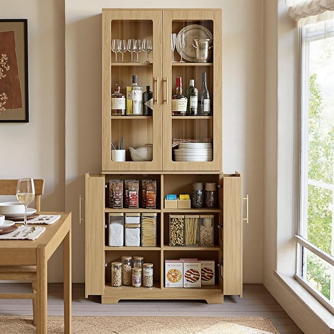Tall Pantry Cabinet with Glass Doors, 77" Kitchen Storage Cabinets with Arched Doors & Adjustable Shelves, Mid Century Modern Wooden Display Wine Cabinet for Living Room, Dining Room, Oak