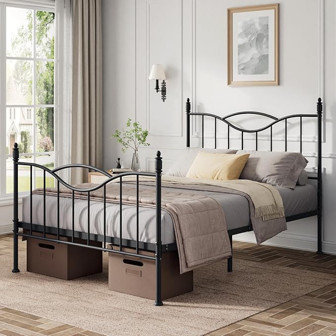 Full Size Bed Frame with Headboard,14 Inch Tall Metal Platform Bed Frame Mattress Foundation with Footboard, Under Bed Storage, Strong Metal Slats Support, No Box Spring Needed, Black