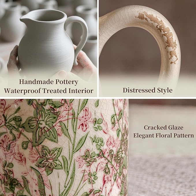 Vintage Pink and Green Floral Pitcher Vase with Handle, Ceramic Farmhouse Flower Vase French Country Decor, Rustic Table Centerpiece, Grand Millennial Tuscan Home Decor for Living Room, Bookshelf