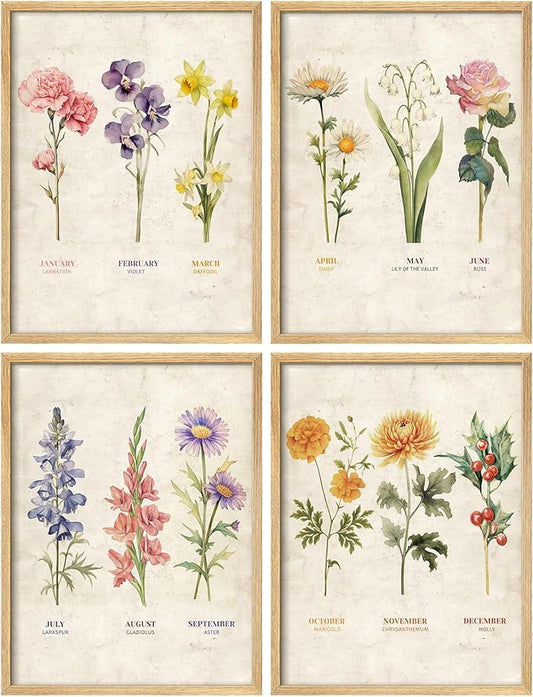 SIGNWIN Adhesive Canvas Poster Set Vintage Floral Birth Month Botanical Prints Antique Flower Illustrations Modern Art Decorative Scenic Multicolor Nature Wilderness for Bedroom - 11"x14"x4