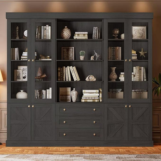 Vyre 71" Tall Farmhouse Bookshelves with Glass Doors and Drawers, Set of 3 – Large Modular Bookcase with Adjustable Shelves, Storage Cabinet for Living Room, Kitchen, Black