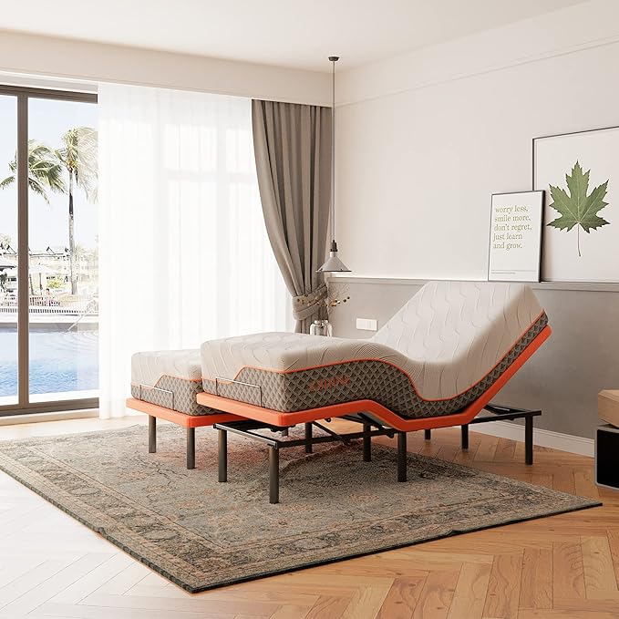 ESHINE Adjustable Bed Frame with 12" Hybrid Mattress with Luxury Gel Memory Foam(Medium), Split King Upholstered Bed Frames with Massage, Wireless Remote, USB, Under Bed Night Light, Head/Foot Incline