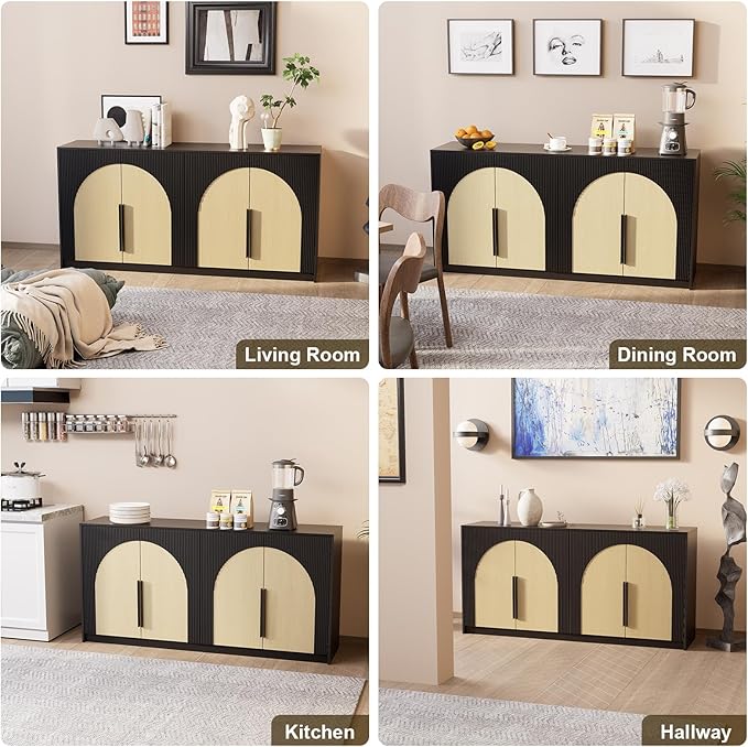 65 Inch Fluted Buffet Cabinet with Storage Symmetrical Arc Accent Sideboard Large Console Table for Dining Room Kitchen and Living Room (Camel)