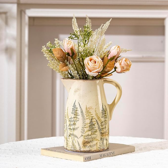 Vintage Ceramic Pitcher Vase with Handle, Farmhouse Green and Purple Large Floral Vases, French Country Decorative Vase, Rustic Table Centerpiece for Home Decor, Bookshelf, Office 7.3 Inch