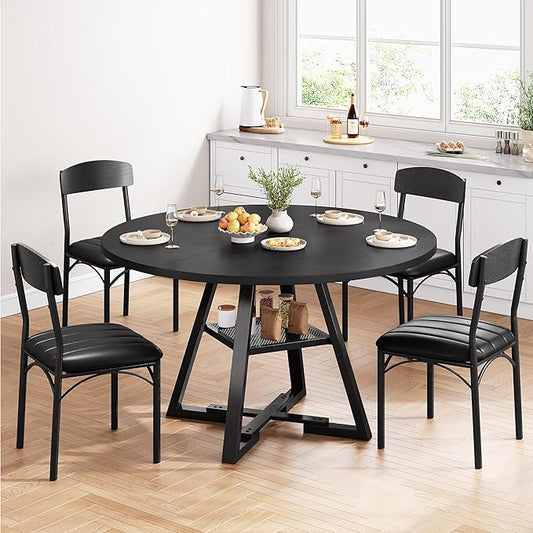 Round Dining Table Set for 4, Kitchen Table and Chairs for 4, Circle Table Round Pedestal Dining Room Dinner Dinette Table Set,5 Piece Space Saving Wood Kitchen & Dining Room Tables (Black, 47In)