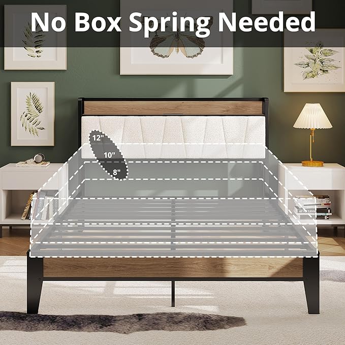LIKIMIO Full Bed Frames, Storage Headboard with Charging Station, Solid and Stable, Noise Free, No Box Spring Needed, Easy Assembly, Wood and Cream