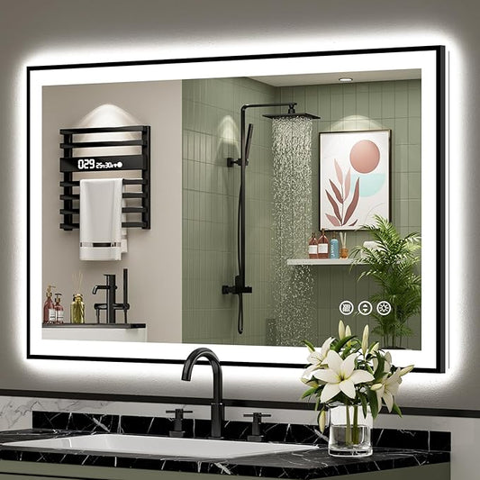 44x30 Black Framed LED Bathroom Mirror with Lights, Backlit + Front Lit, Anti-Fog Lighted Vanity Mirror for Bathroom Wall with 3 Colors, Dimmable, Memory, Tempered Glass, Horizontal/Vertical